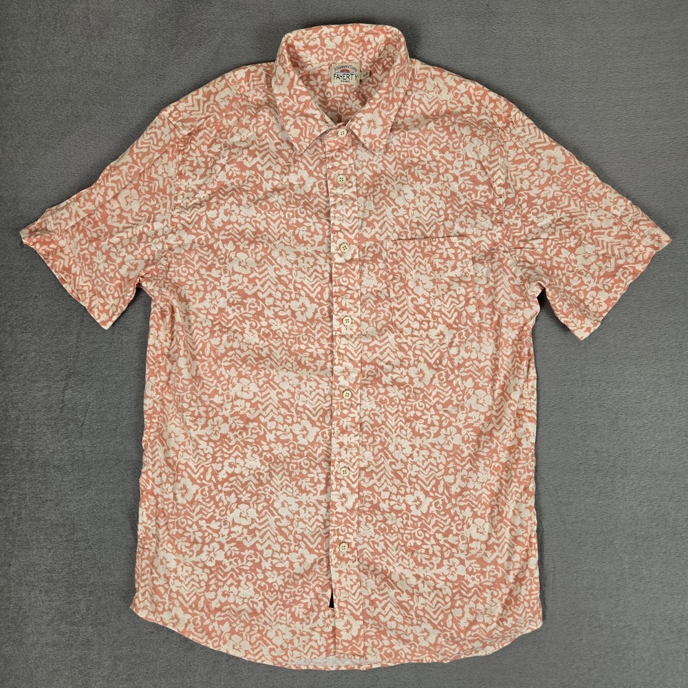 Faherty The Breeze Button Shirt Men Medium Orange Floral Short Sleeve Hemp Blend